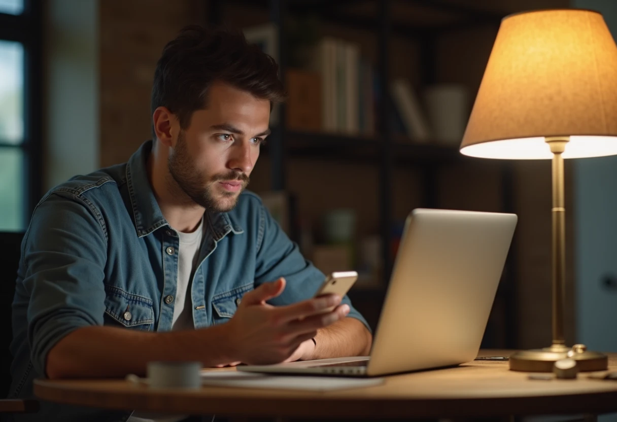 Man at a desk with a laptop open, glancing at a smartphone in his hand with a curious expression