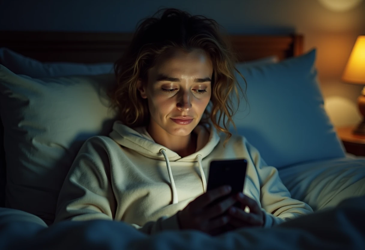 Person in their 30s checking their phone late at night while sitting up in bed