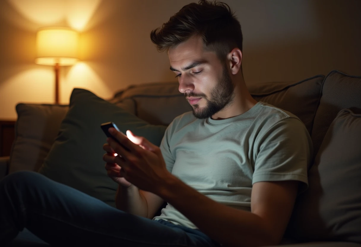 Man sitting on a couch reviewing content settings on his smartphone with a considering expression