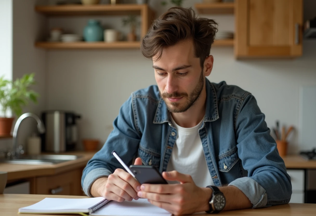 Man sitting at a kitchen table with a notebook and a smartphone, comparing numbers with a thoughtful expression