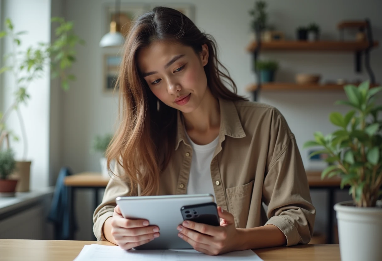 Woman comparing two AI companion apps open side by side on a tablet and phone