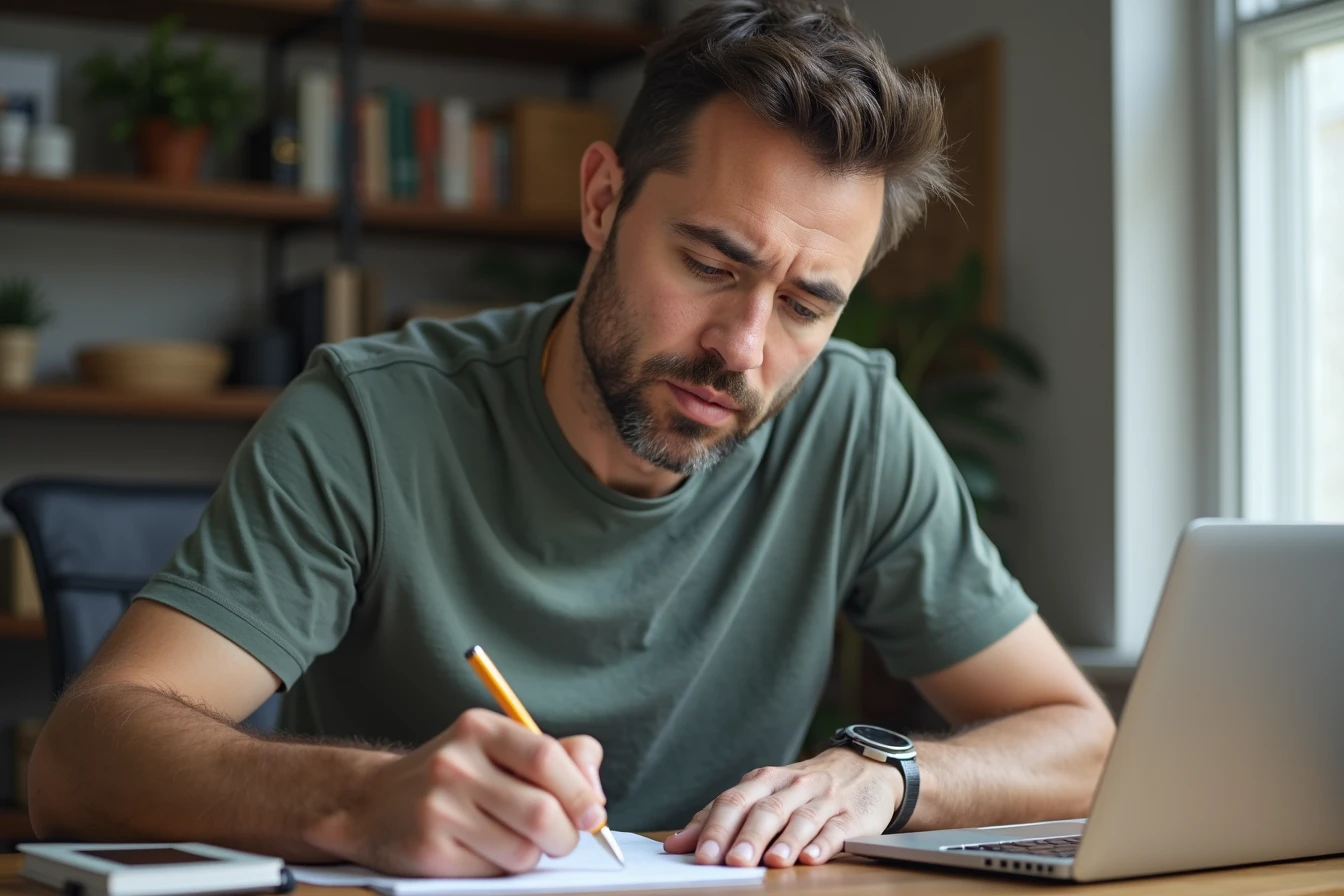Man at a desk writing notes in a notebook next to a laptop with a focused critical expression