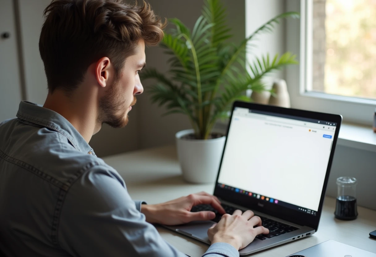 Man at a home desk looking at his laptop screen with a puzzled, slightly disappointed expression