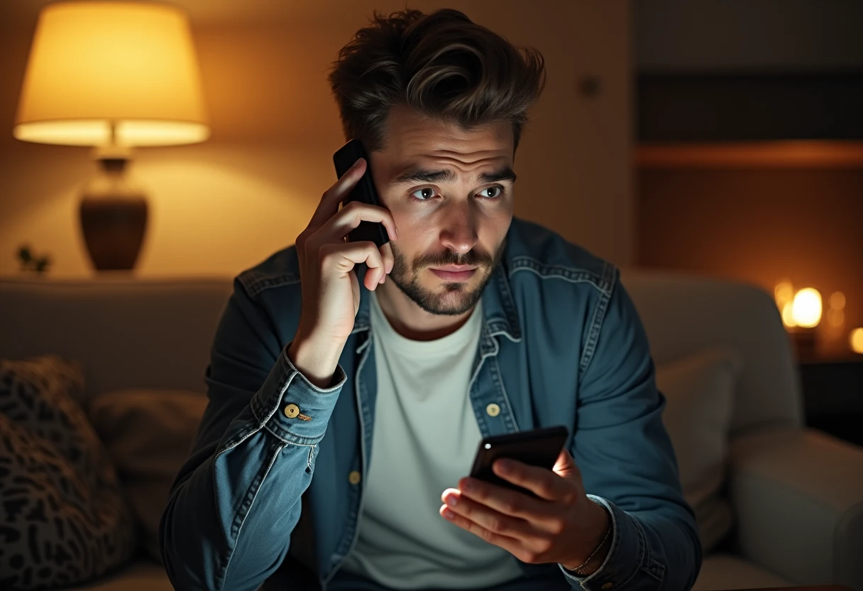 Man sitting on a couch holding a smartphone to his ear with a slightly unimpressed expression