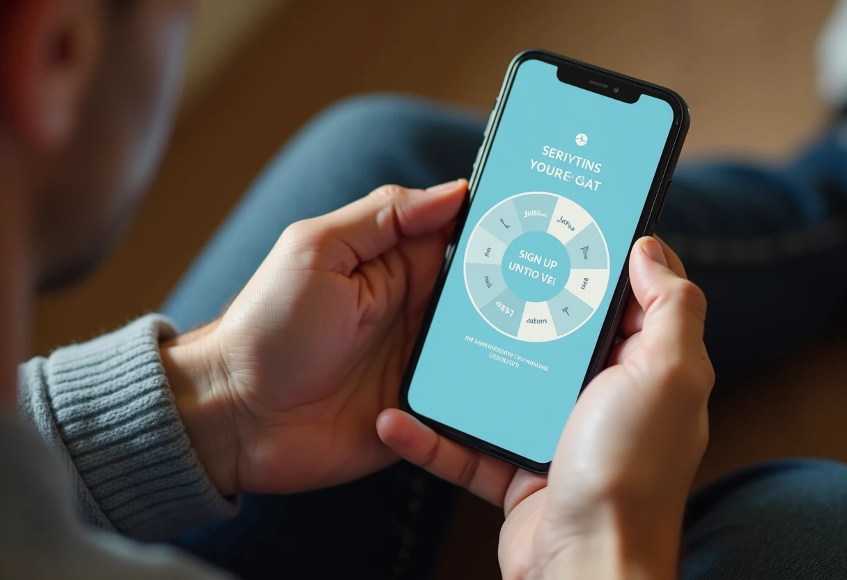 Hands holding a smartphone showing a generic app signup screen with a date selector