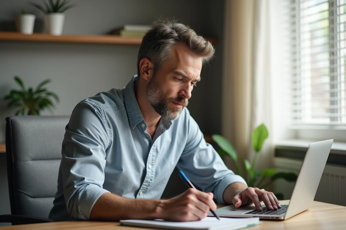 Man at a modern home office desk writing notes in a notebook next to a laptop