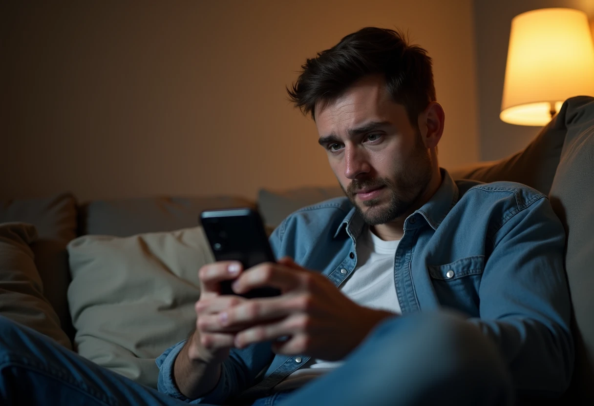 Man looking at a smartphone screen showing a credits balance in an app