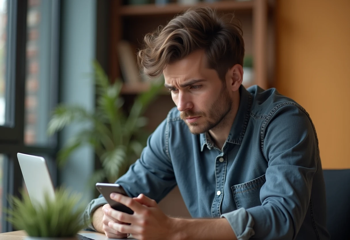 Man at a desk looking at his smartphone with a mildly frustrated, puzzled expression
