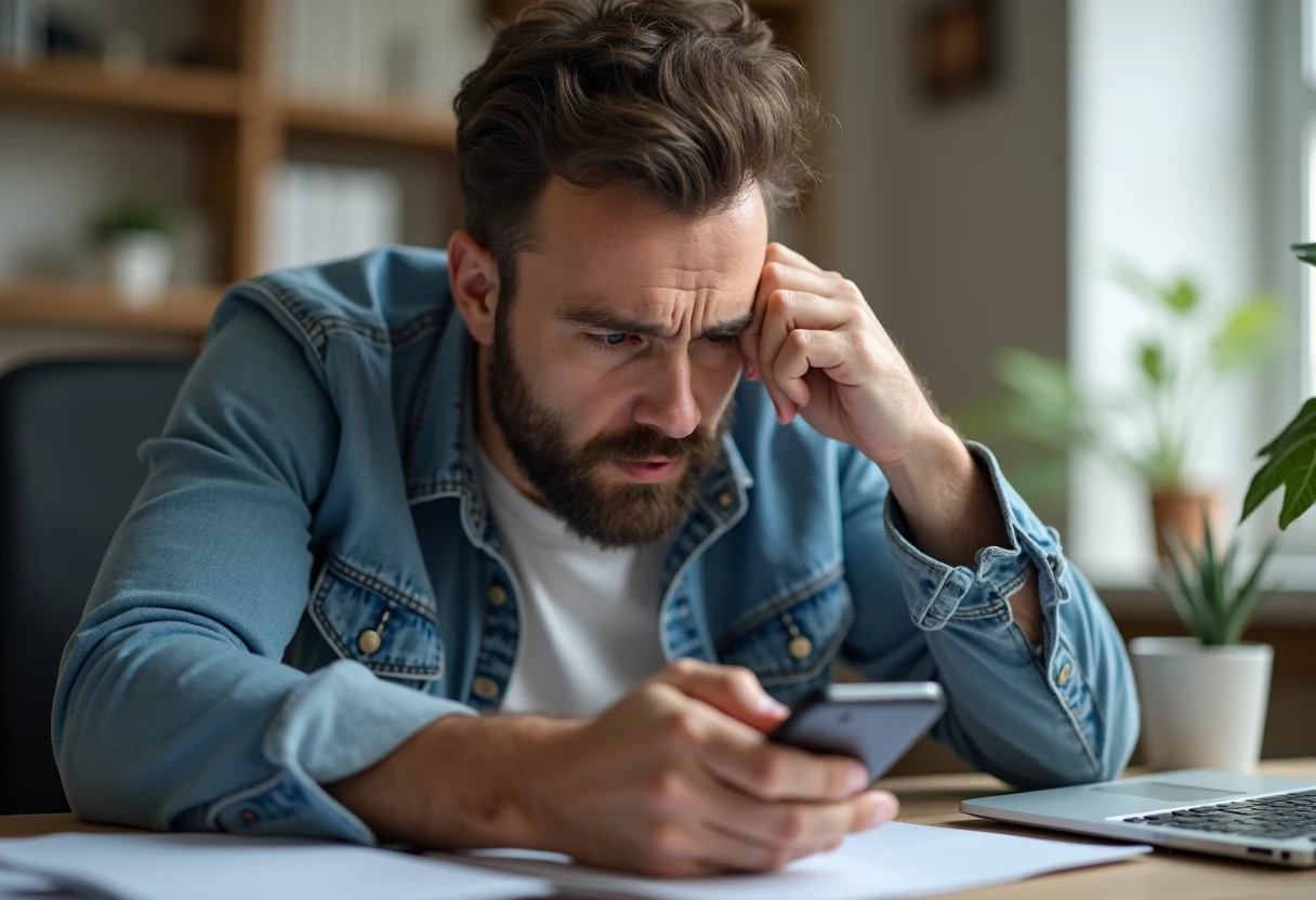 Person looking mildly frustrated at an app issue on a smartphone screen