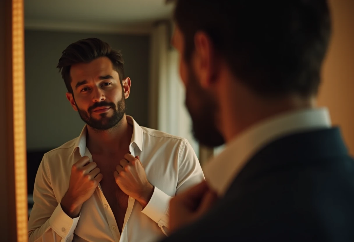 Man in his late 20s checking his phone while getting ready to go out on a date