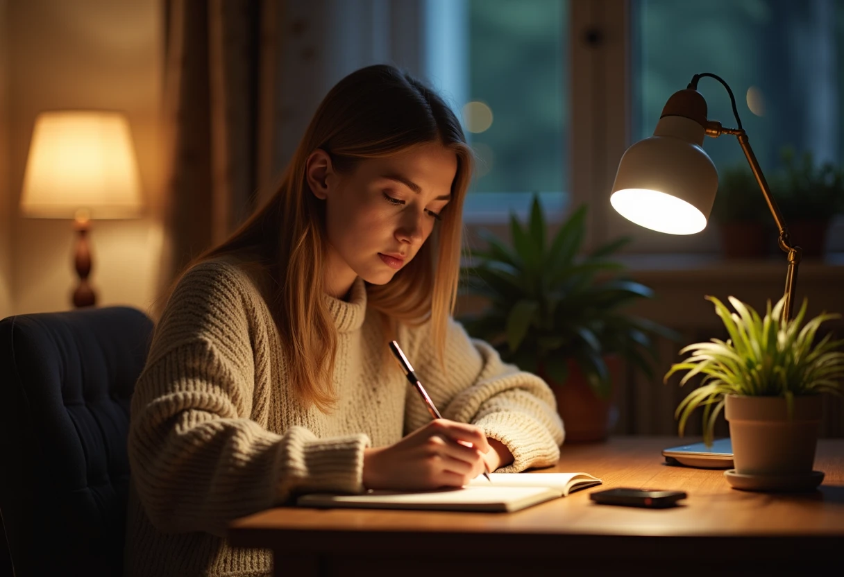 Woman sitting at a small desk in the evening writing in a journal with a phone resting nearby