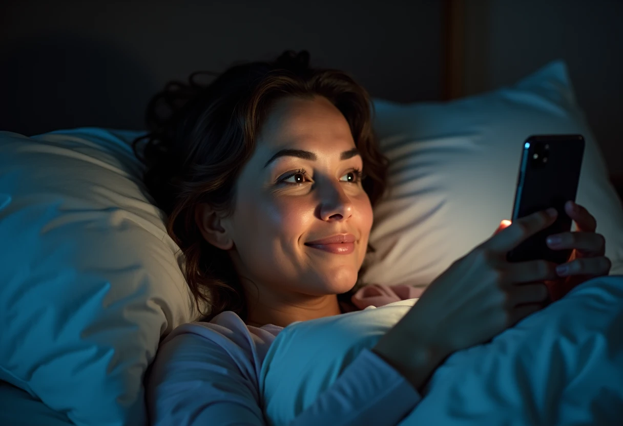 Woman lying in bed at night looking at her smartphone screen glowing softly on her face