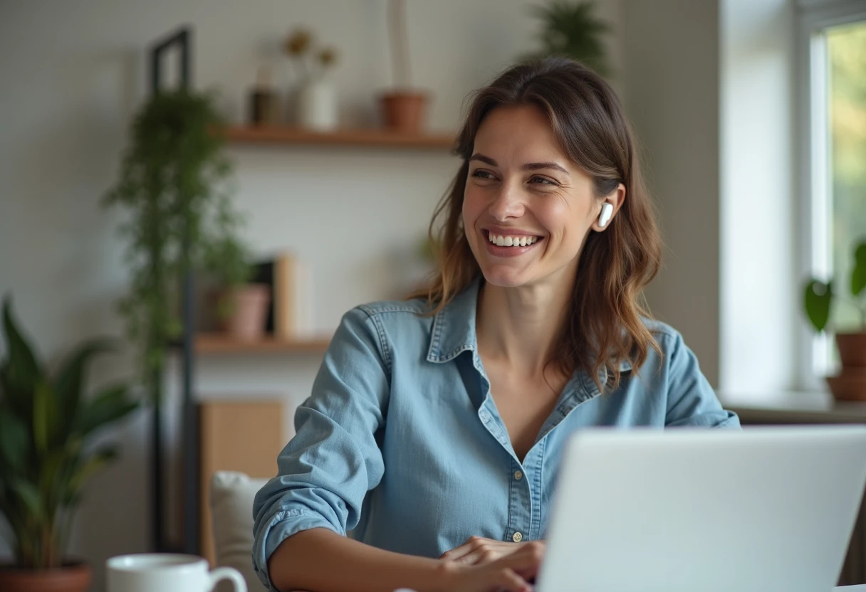 Woman on a live voice call with her AI companion app using wireless earbuds