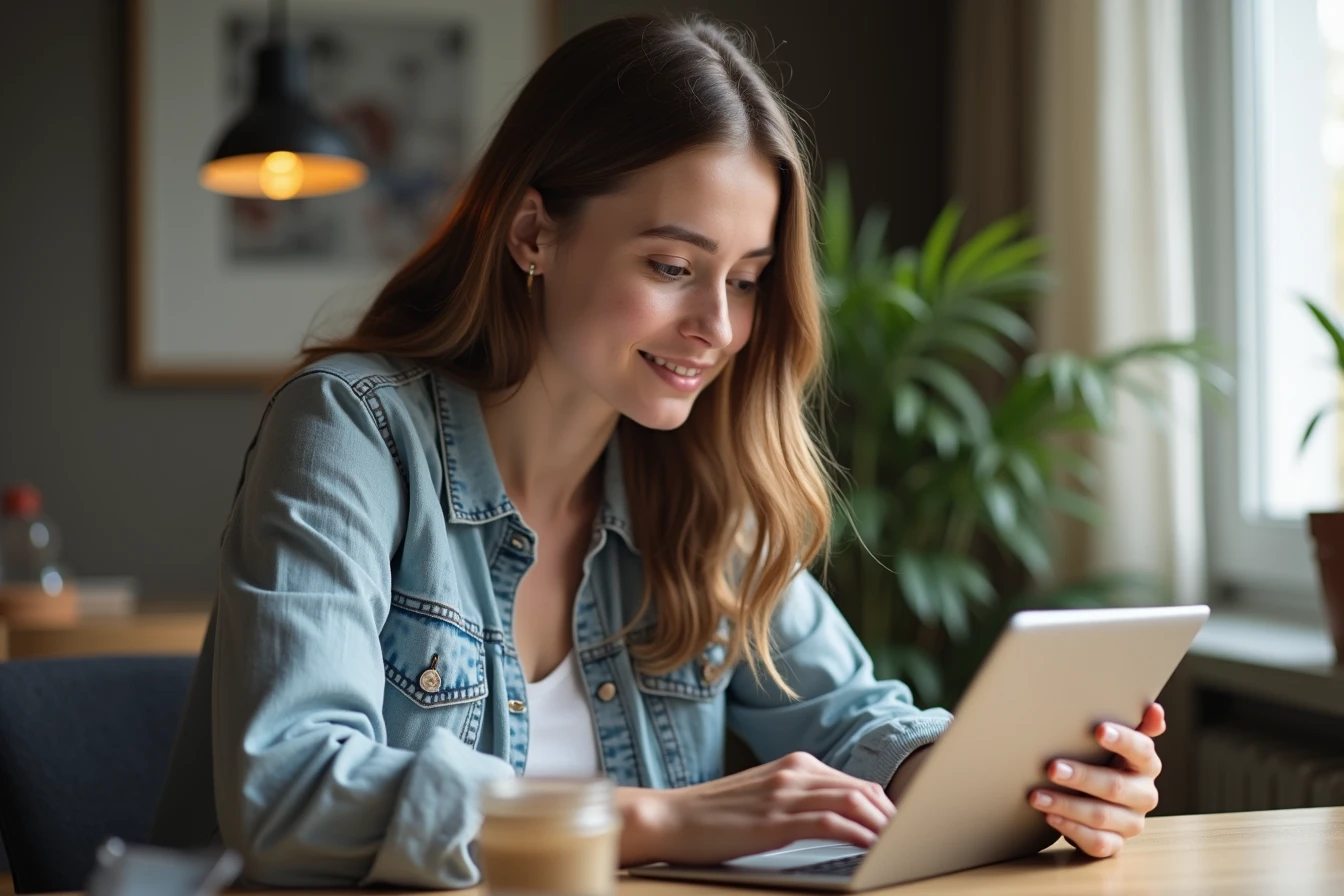 Woman sitting at a desk looking at a tablet with a reflective expression
