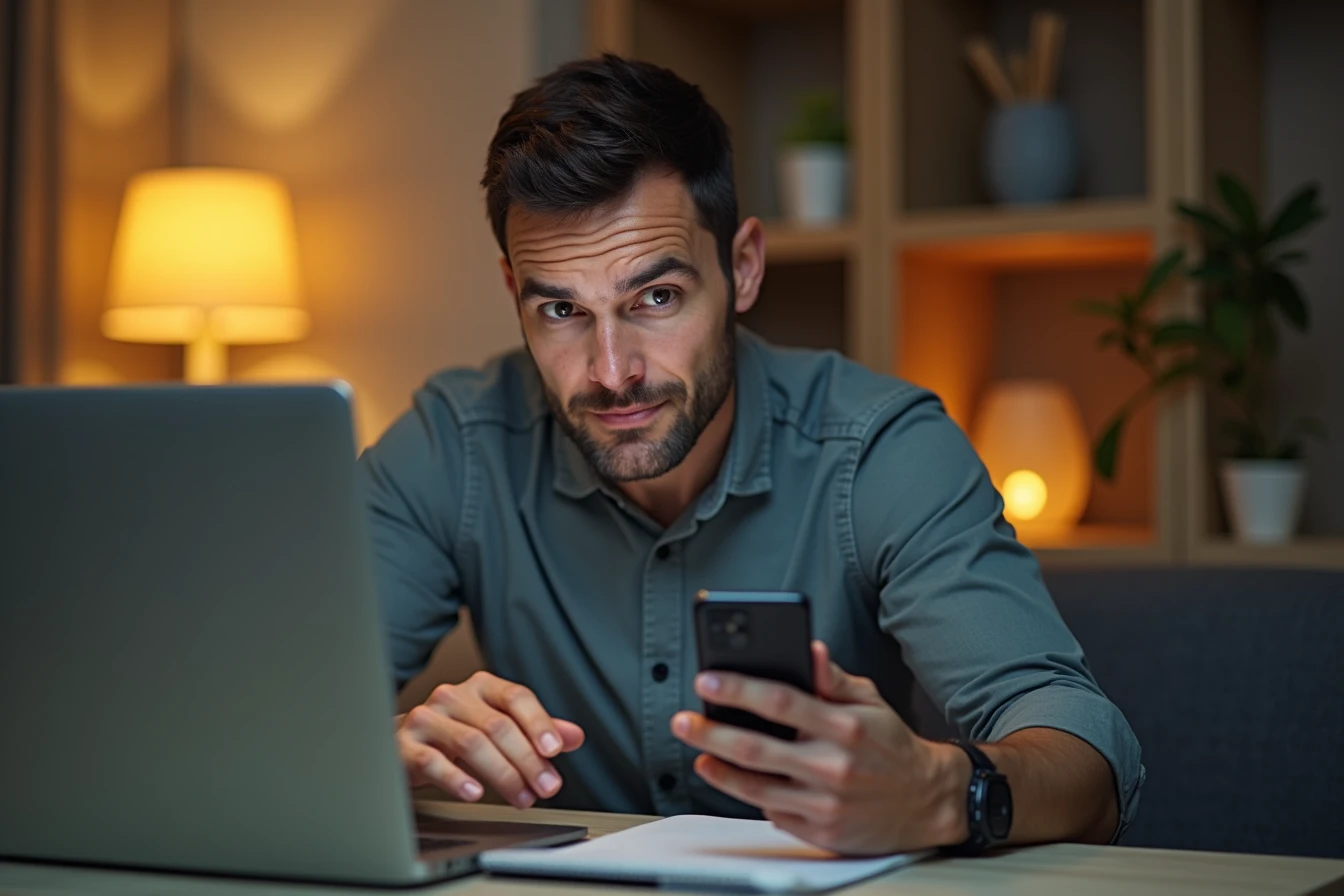 Man at a home desk comparing a dating app and a companion app on his laptop and phone