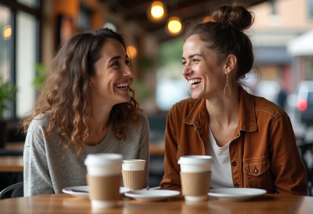 Two friends in their late 20s laughing together at a cafe table