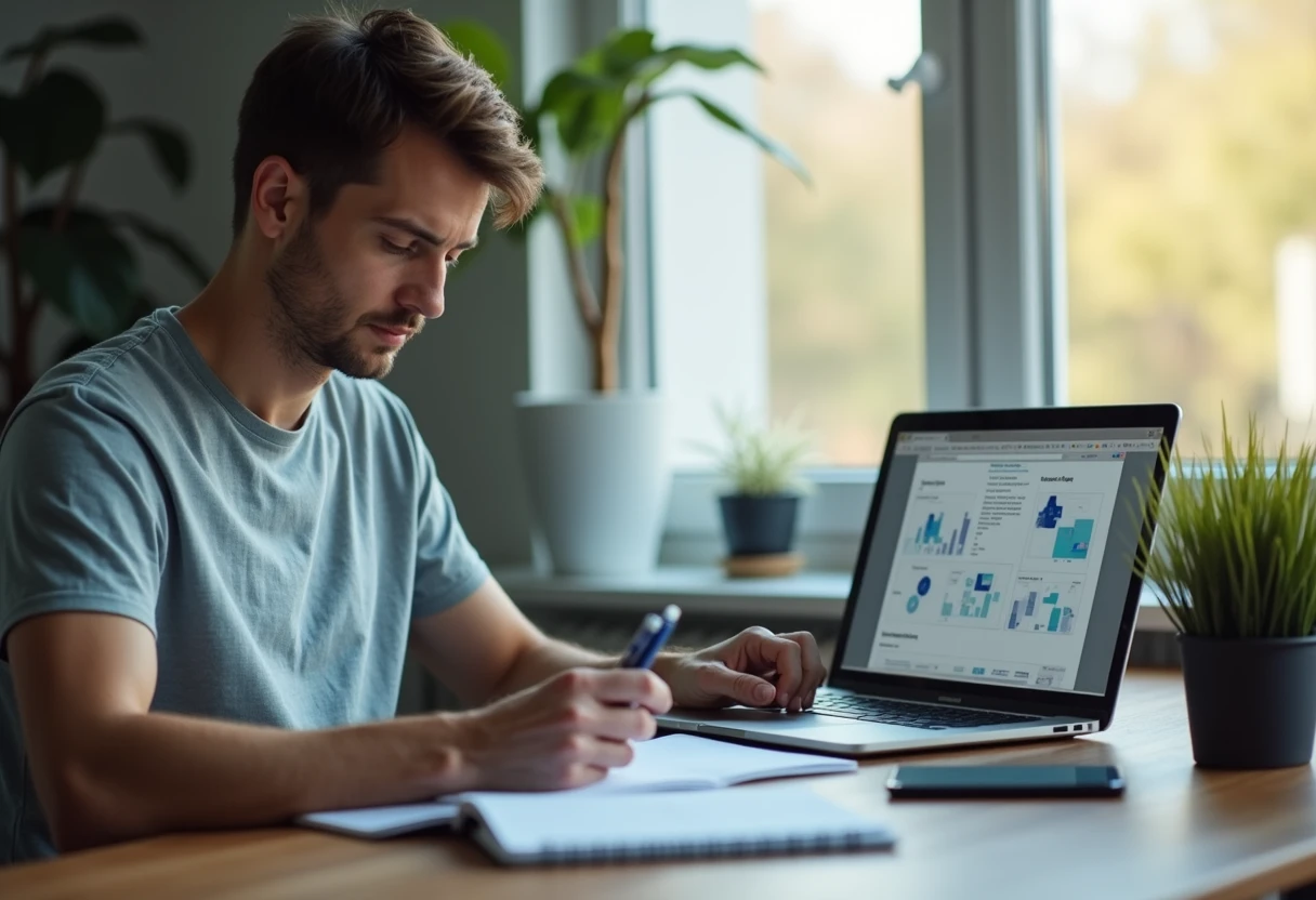 Man at a desk surrounded by a laptop, tablet, and notebook, cross-referencing information