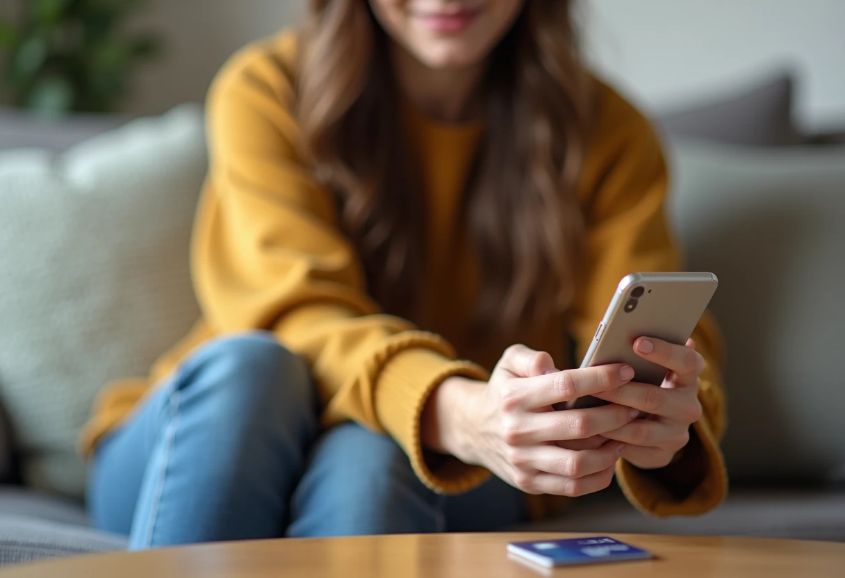 Woman on a couch holding her phone near a credit card on the coffee table