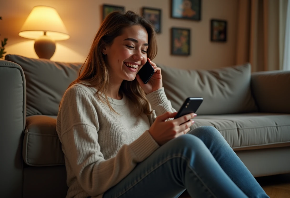 Woman sitting on a living room floor holding a smartphone to her ear, laughing mid conversation
