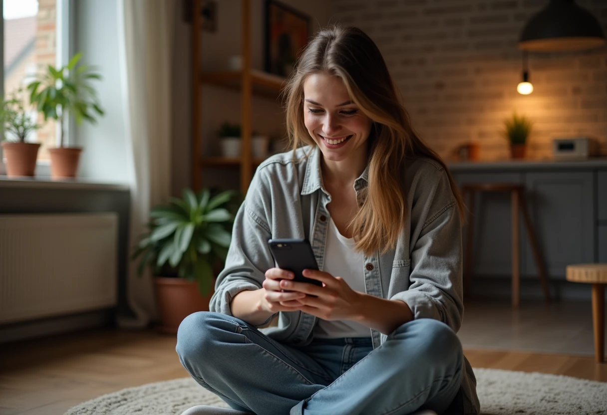 Person in their 20s comfortably practicing a conversation on their phone in a quiet room at home
