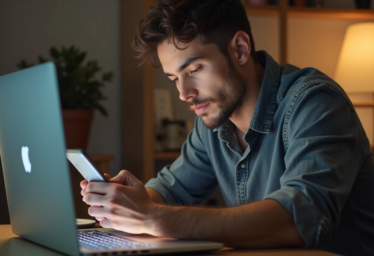 Man at a home desk with a laptop and smartphone, looking at the phone with a considering expression