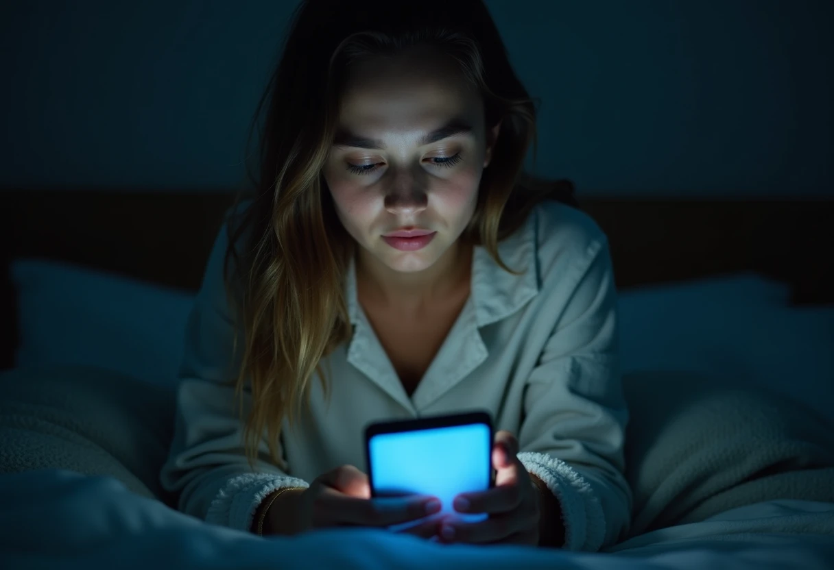 Woman sitting up in bed late at night with her phone screen glowing softly