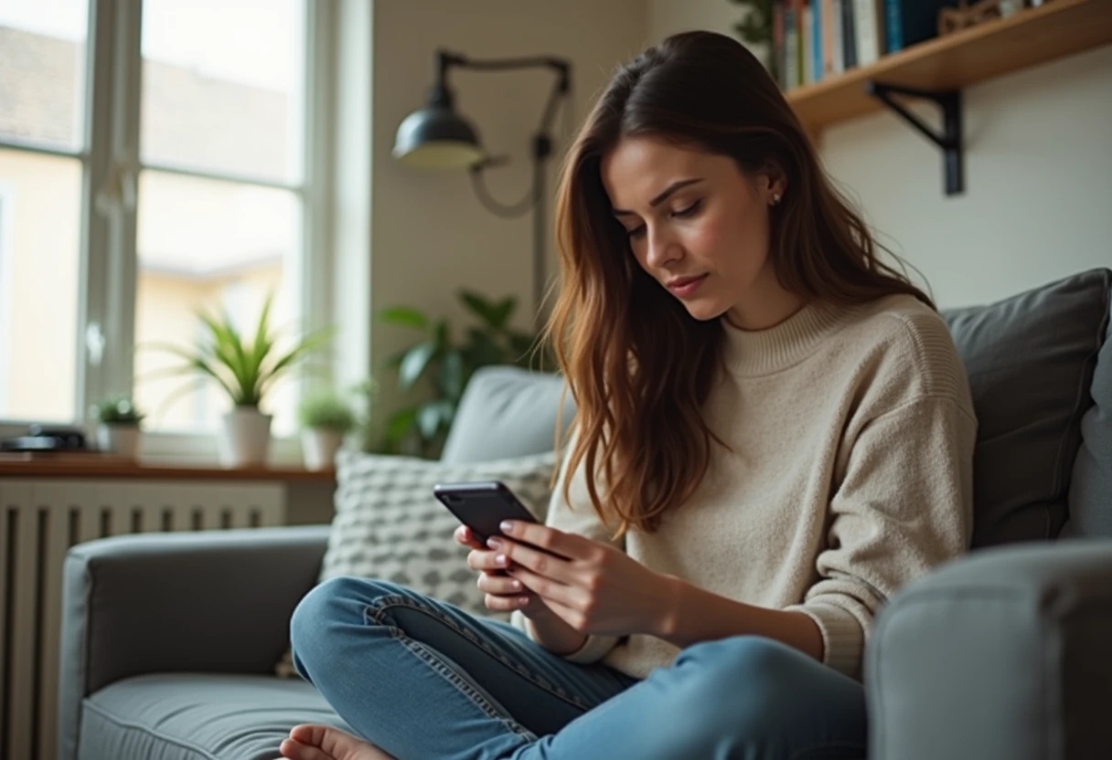 Woman reading a platform's content policy on her phone while sitting on a couch