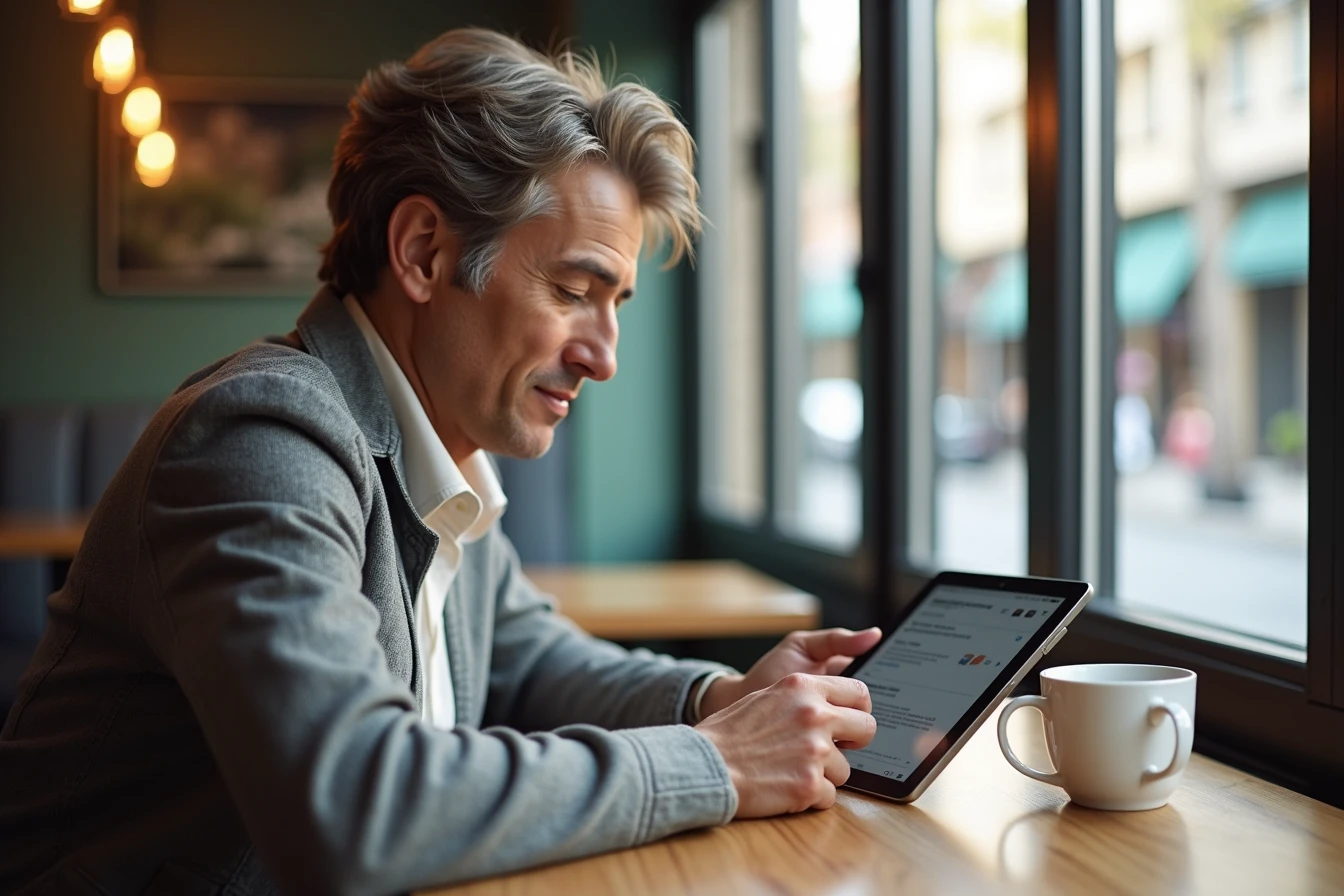 Person reading a technology news article on a tablet at a cafe table