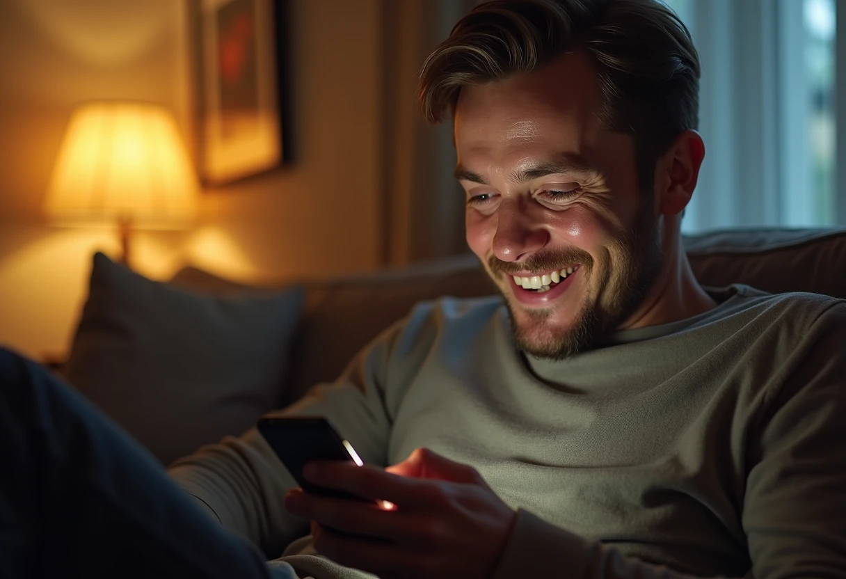 Man scrolling through his phone with a nostalgic smile recapping past conversations with his AI companion