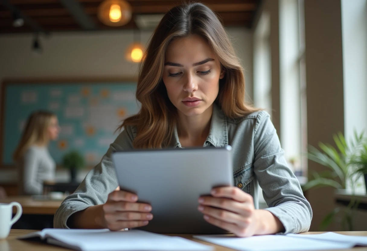 Woman at a desk reading adult content regulations on a tablet