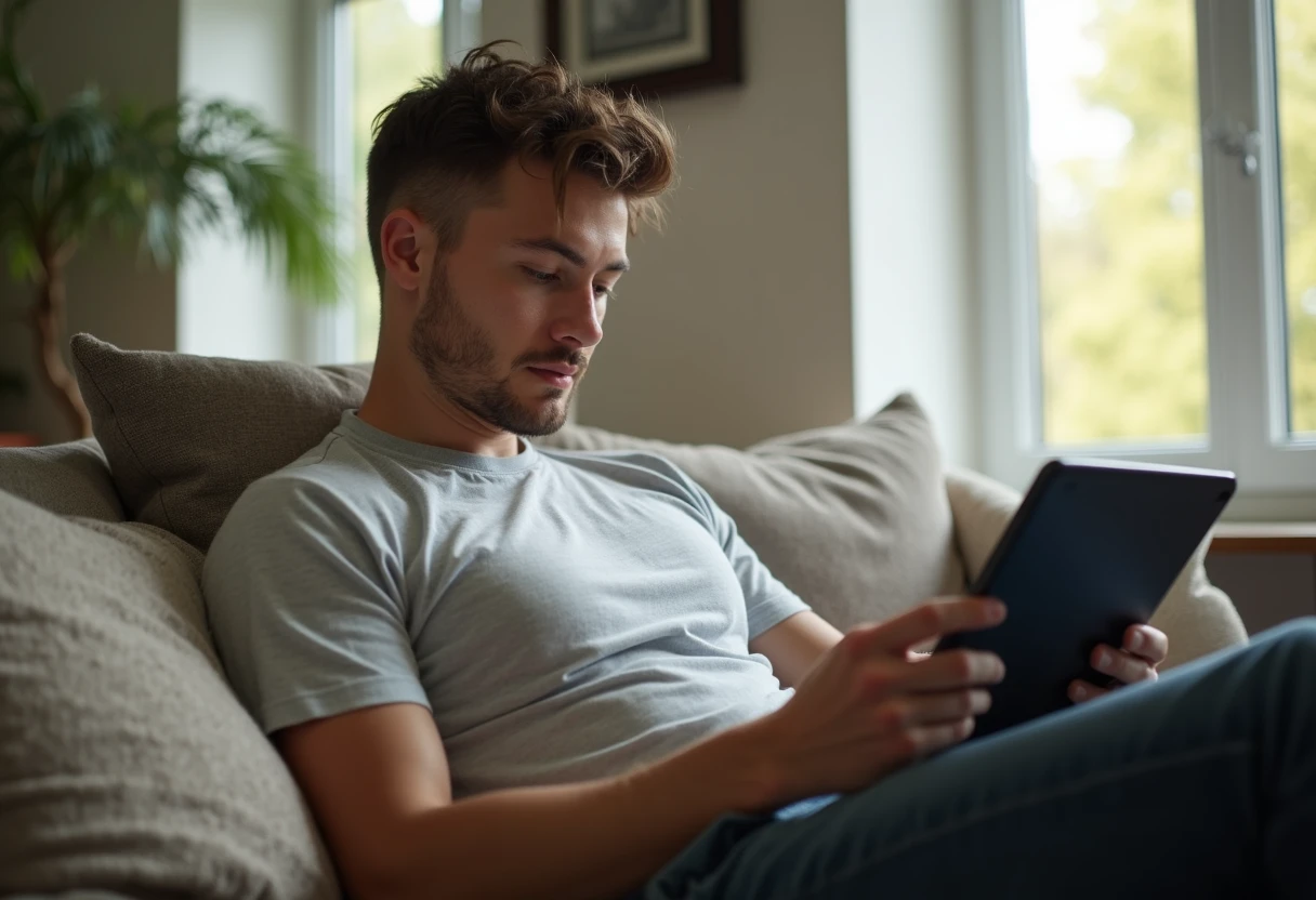 Man sitting on a couch reading something on a tablet with a focused, attentive expression