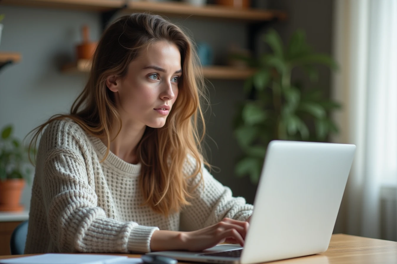 Woman at a home desk with a laptop comparing pricing options with an interested expression