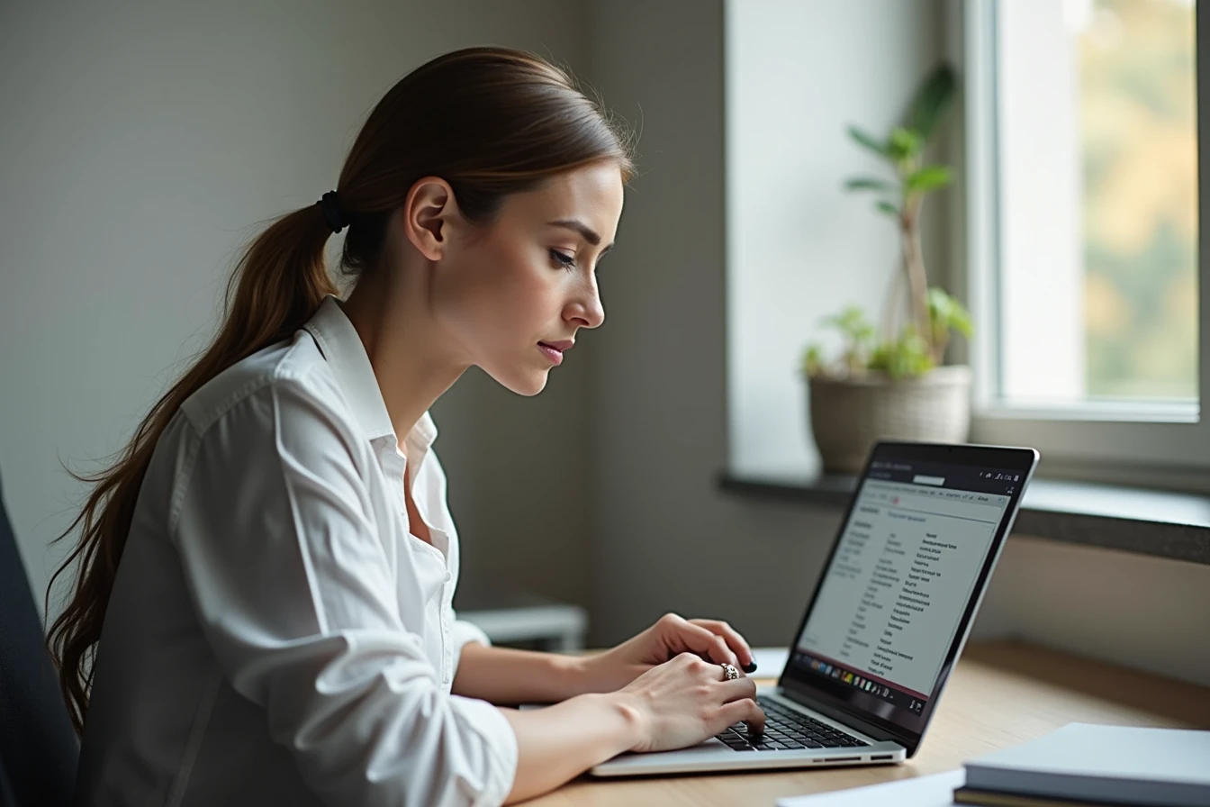 Woman at a home office desk reading a legal document on her laptop with a focused expression