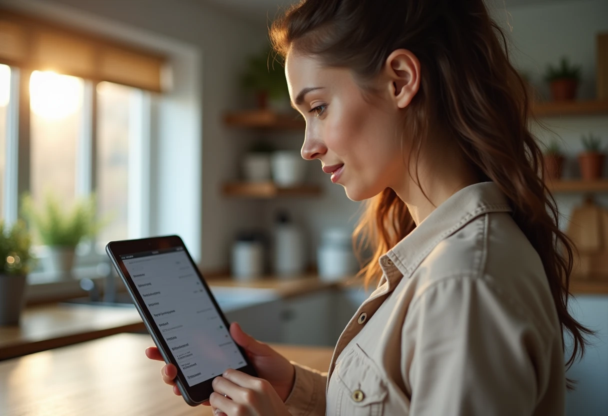 Woman reviewing payment method options for a companion app on a tablet