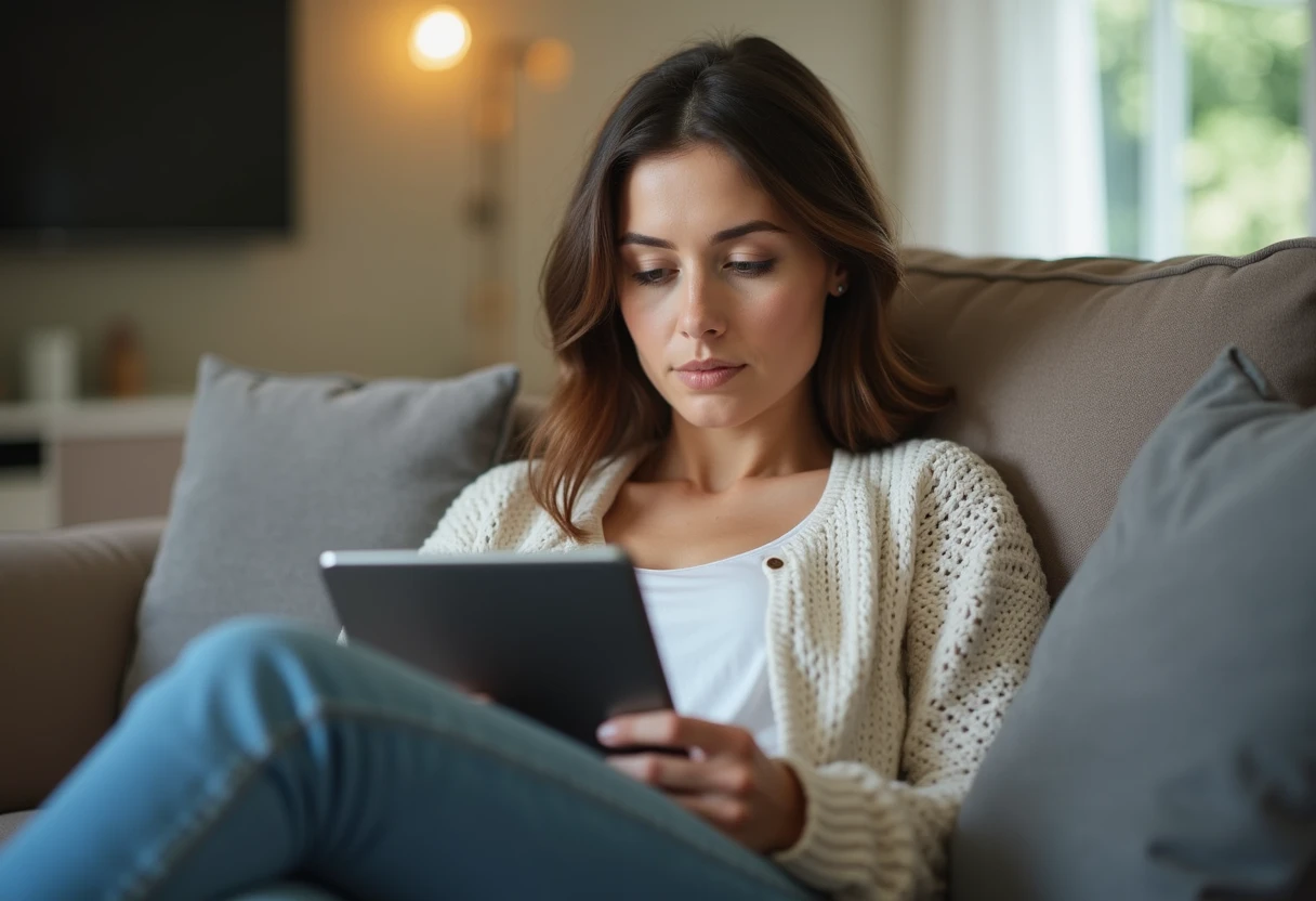 Woman reviewing a companion platform's content policy details on a tablet