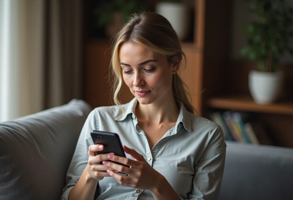 Woman reviewing privacy and data-sharing settings in an app menu on her smartphone