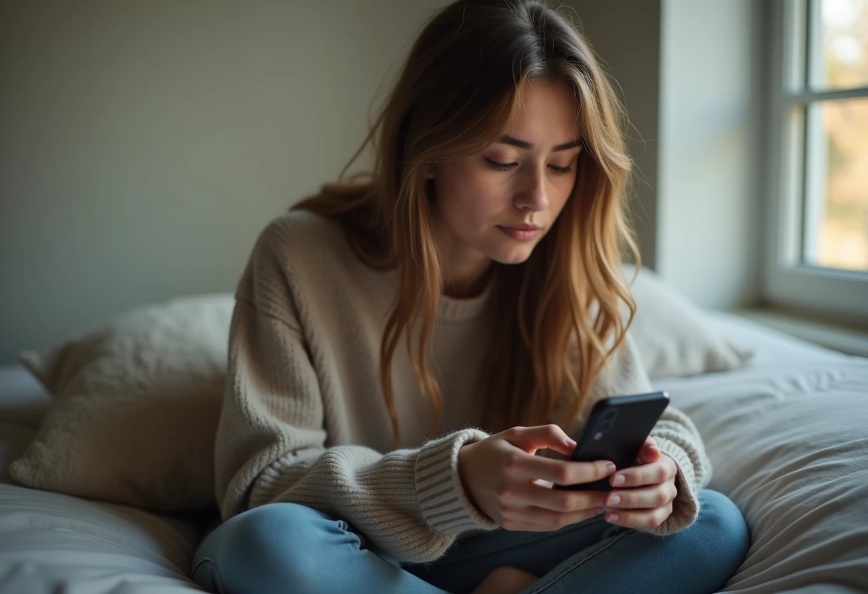 Woman sitting on a bed slowly scrolling up through a long message thread on her smartphone