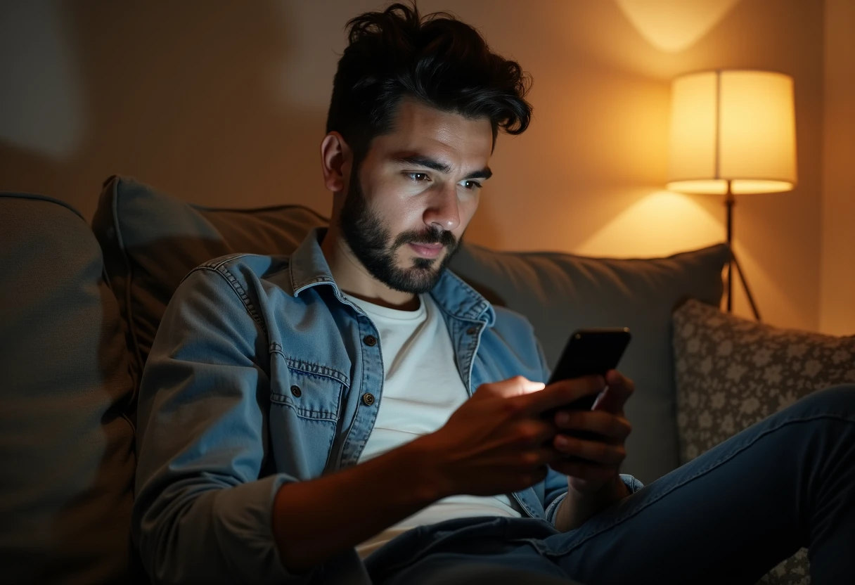 Man sitting on a couch scrolling a news roundup on his smartphone