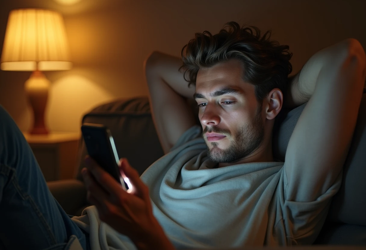 Man lying on a couch scrolling on his smartphone with a contemplative expression