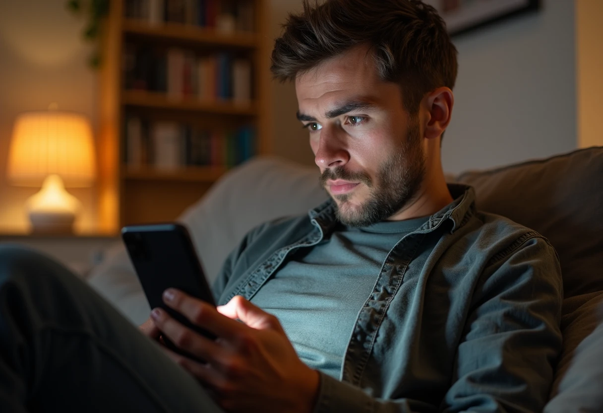Man sitting on a couch scrolling through a lengthy privacy policy on his smartphone with a skeptical expression