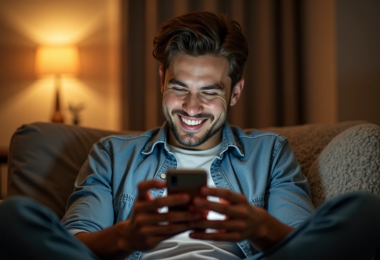 Man sitting on a couch typing on his smartphone with a pleased expression while signing up for an app