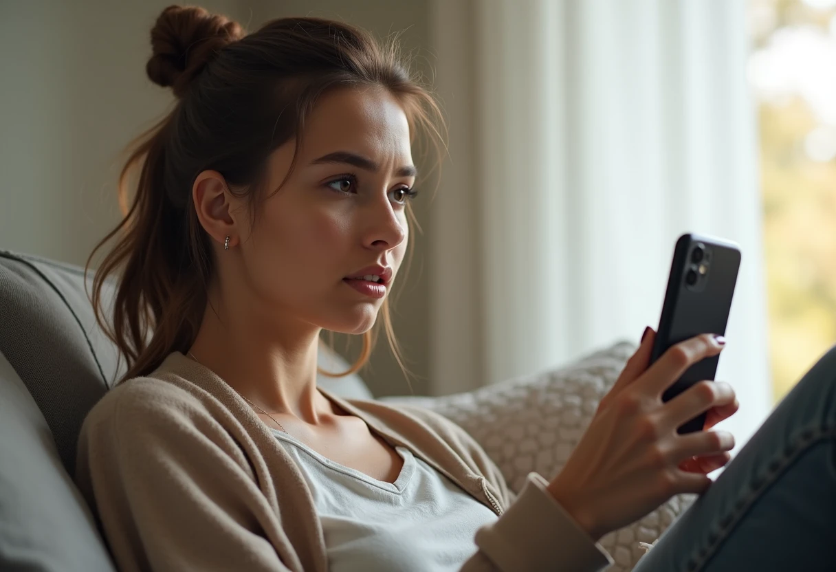 Woman on a couch holding her smartphone at a slight distance with a questioning expression