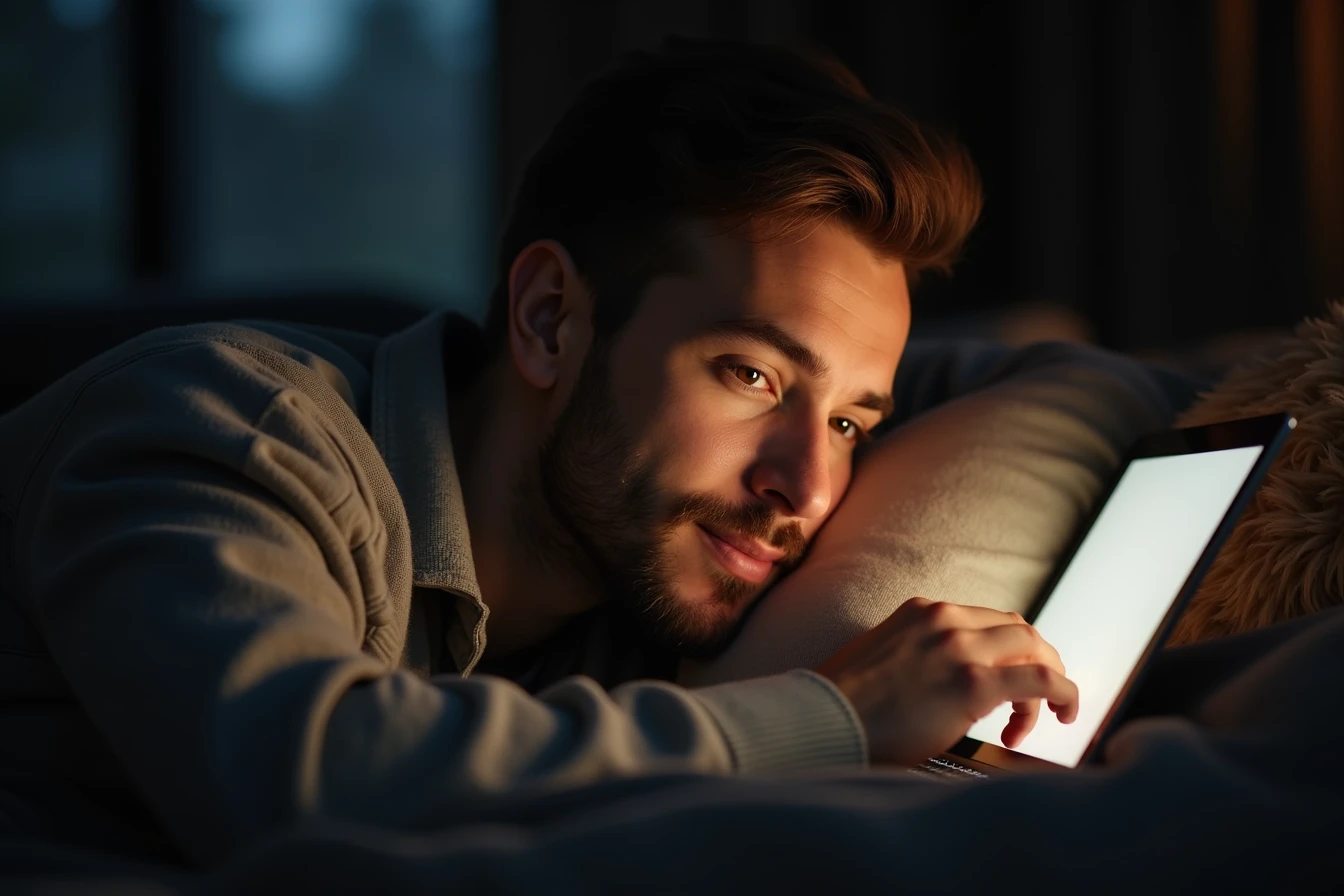 Man lying on a couch at night with a laptop propped on a pillow, warm screen glow lighting his face