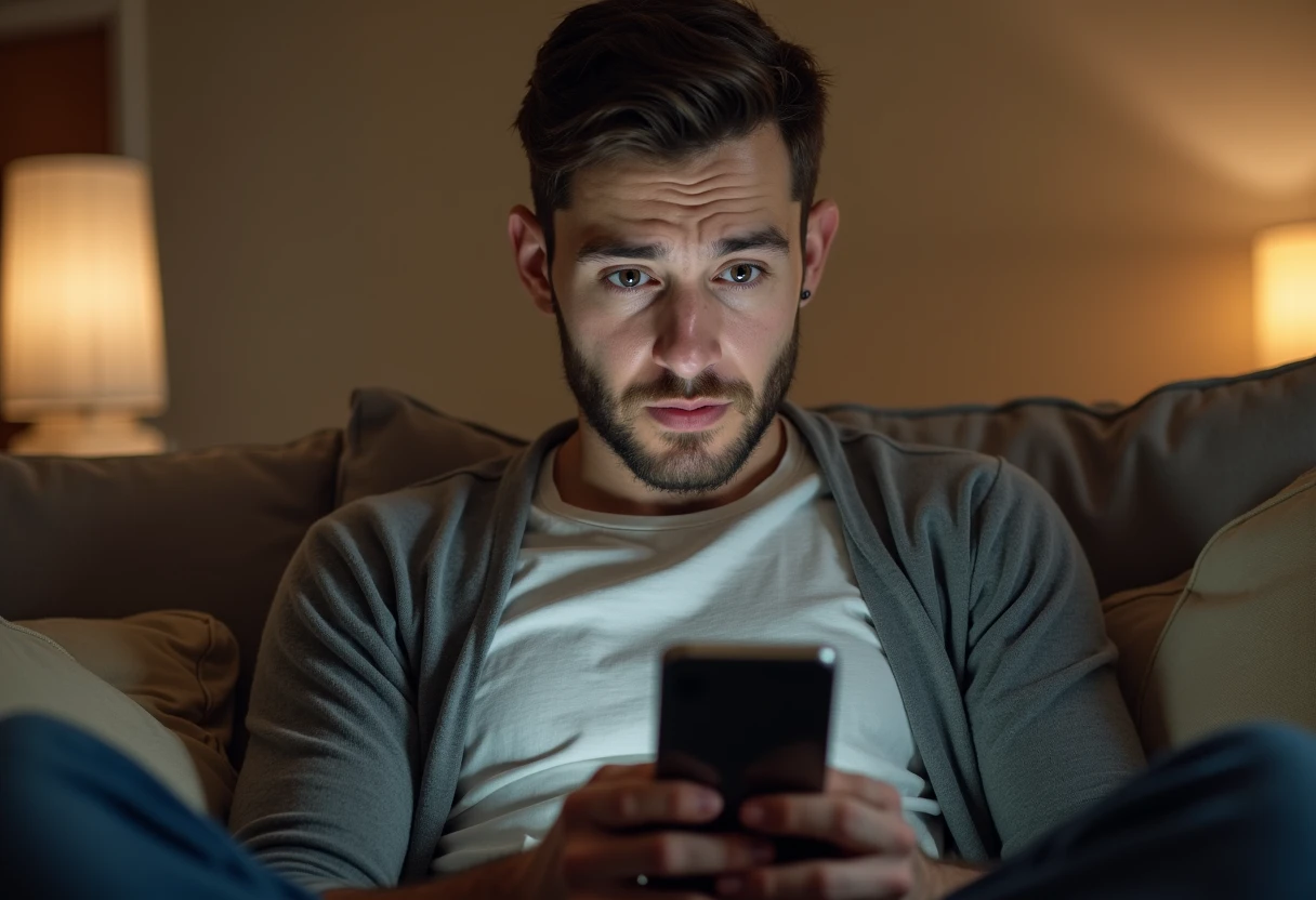 Man sitting on a couch looking at his smartphone with a surprised, puzzled expression