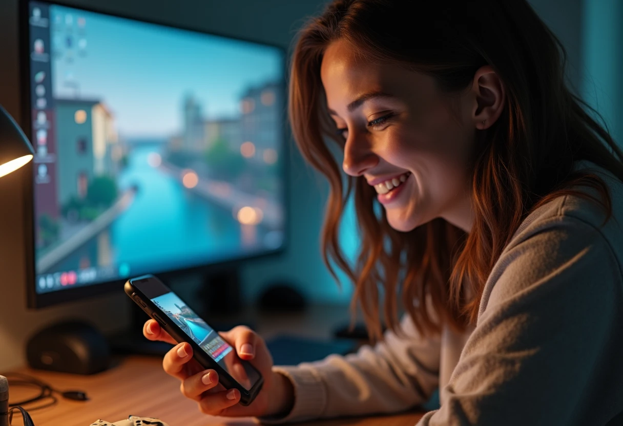 Woman at a desk switching from a gaming console to a smartphone chat app