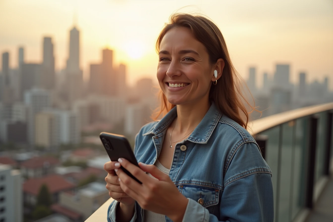 Woman on a balcony talking on a voice call with her AI companion app at golden hour