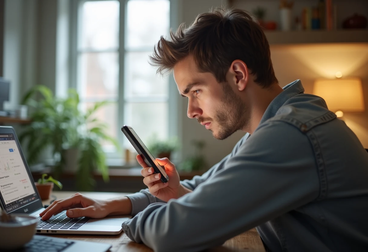 Man at a home desk with a laptop and smartphone, testing a new app feature with a curious expression