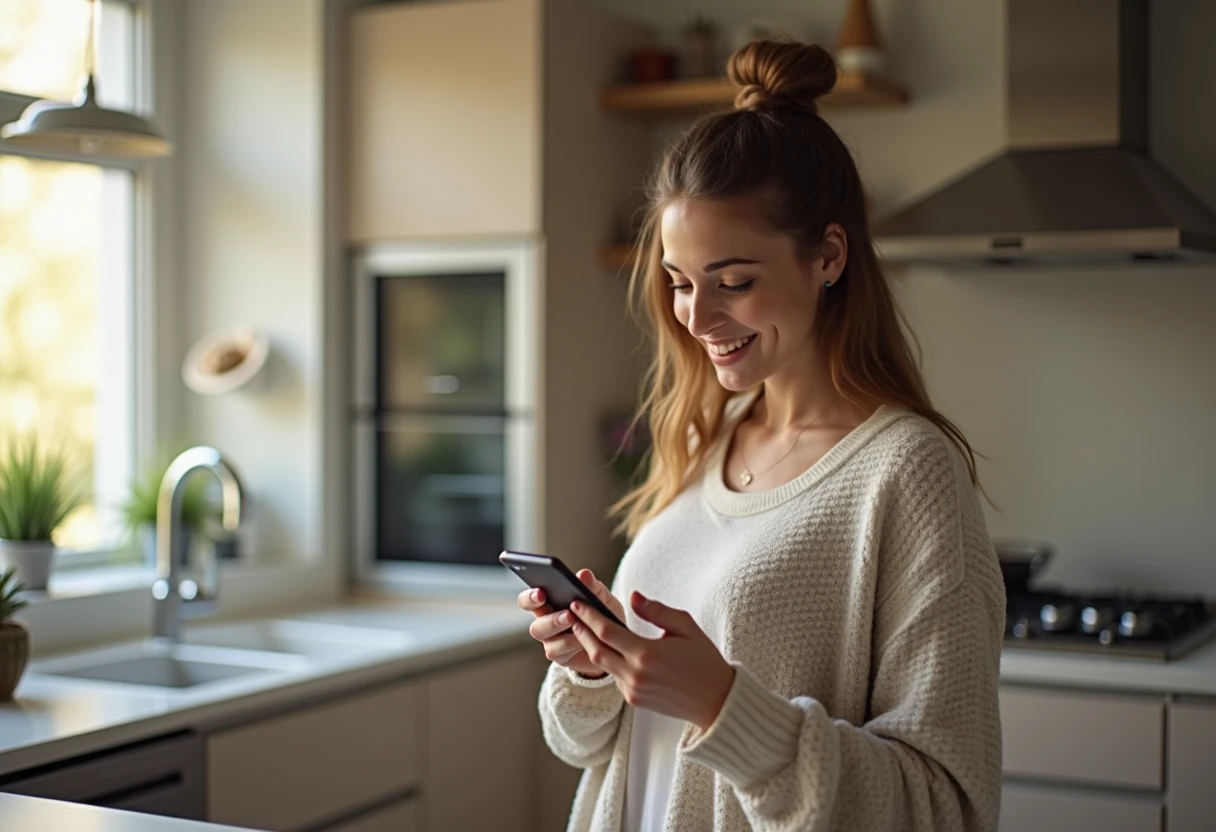 Woman standing in her kitchen looking at a video playing on her smartphone