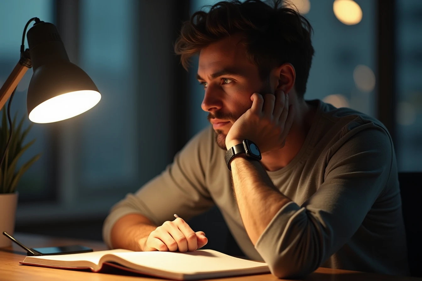 Man at a desk with a notebook and phone, resting his chin on his hand deep in thought