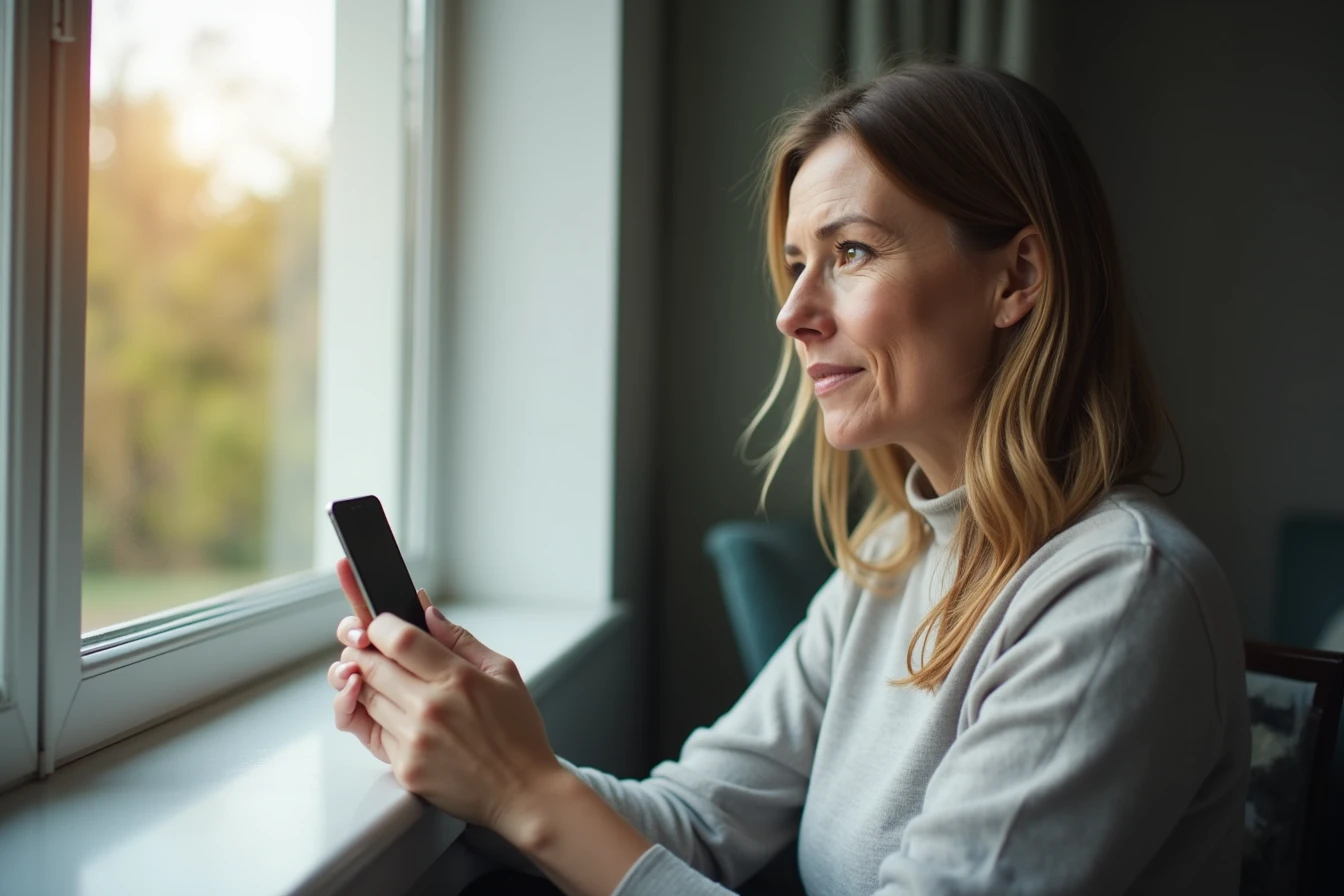Person sitting thoughtfully by a window while holding a smartphone
